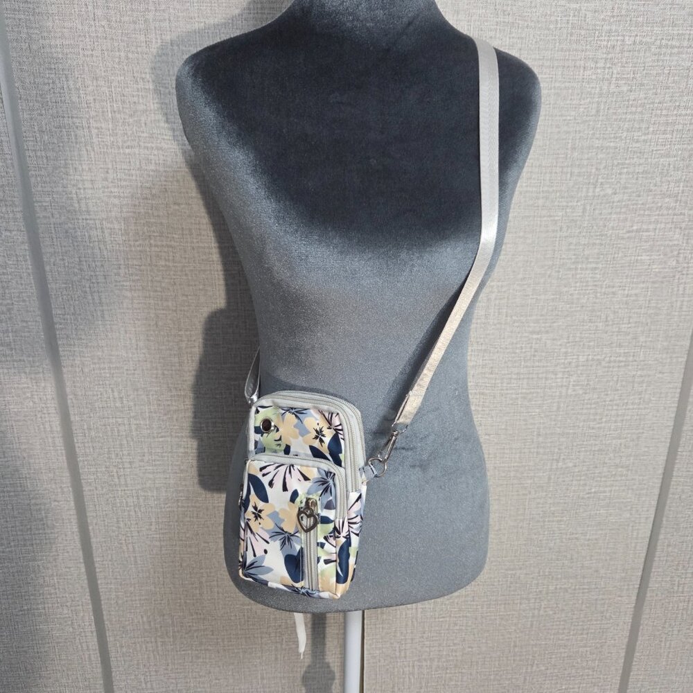 Blue Floral Cell Phone Crossbody Bag – 4 Pockets, Water Resistant Fabric